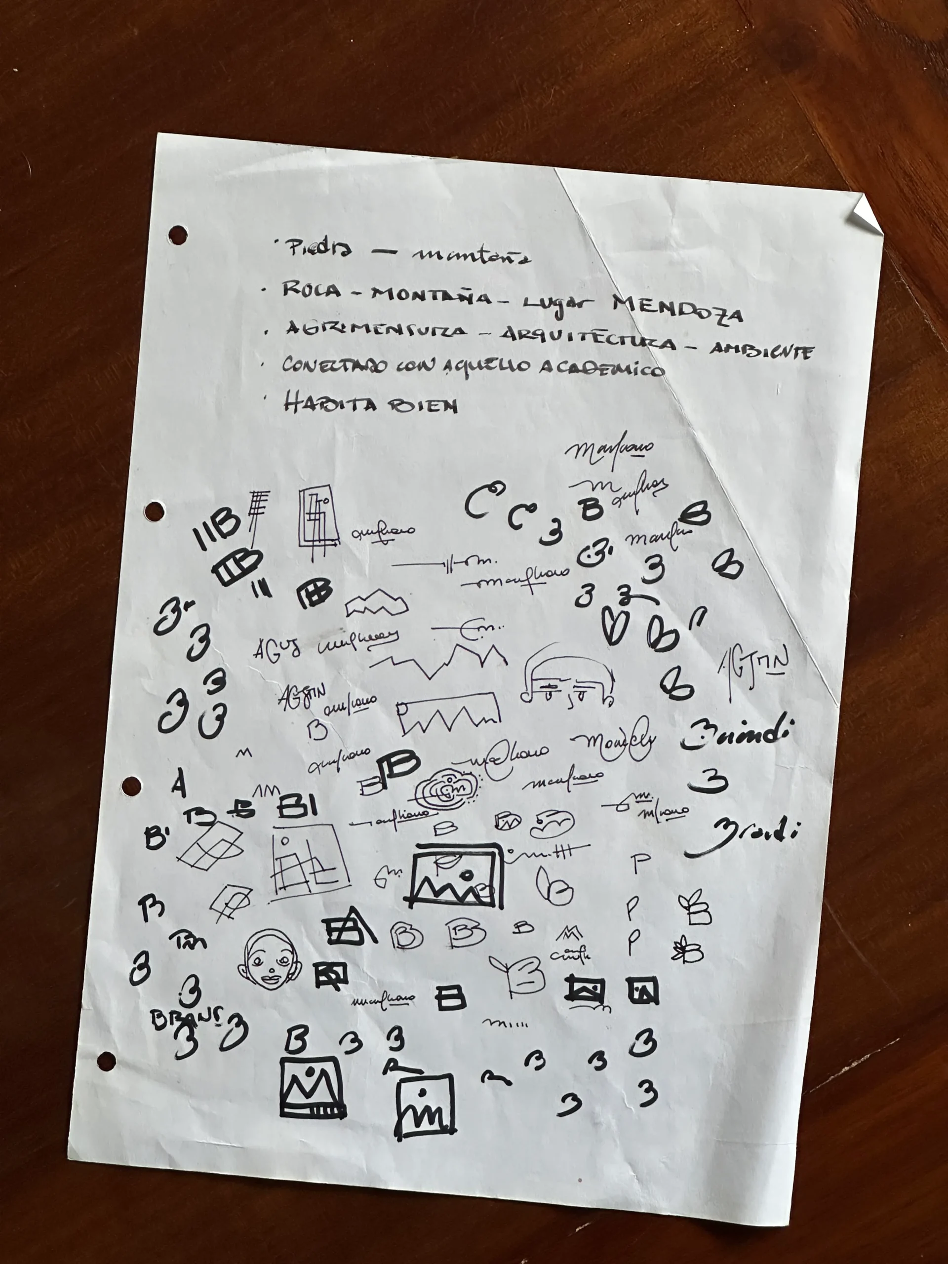 Notas de brief a mano con palabras clave e íconos exploratorios iniciales