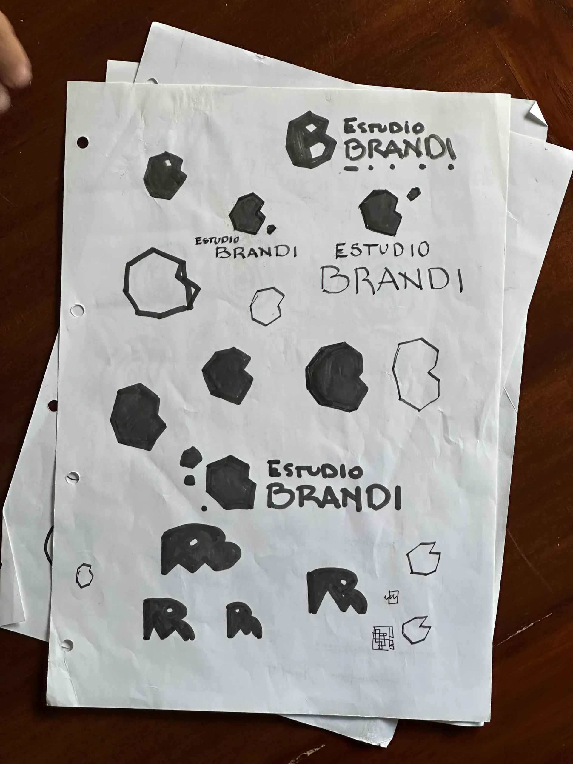 Boceto a mano de piedras facetadas refinadas junto al wordmark Estudio Brandi
